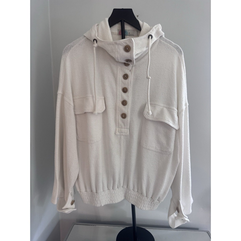 Free People FP Beach XS Ivory Terry Cloth Hoodie Pullover Coastal Boho Oversized